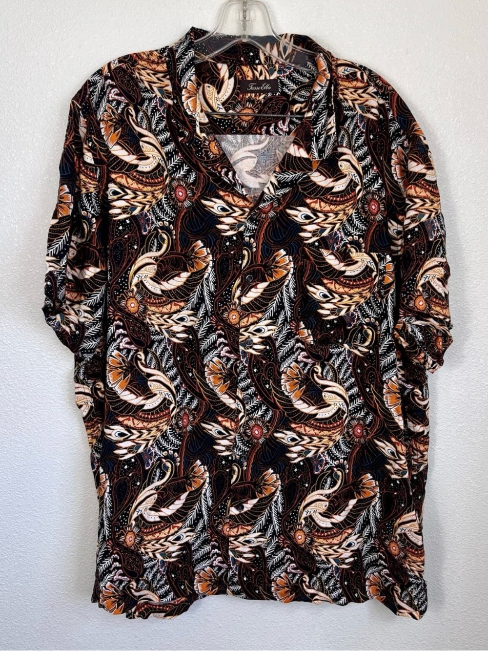 Tasso Elba Bird Print Short Sleeve Silk Blend Button Up Shirt Size XXL
